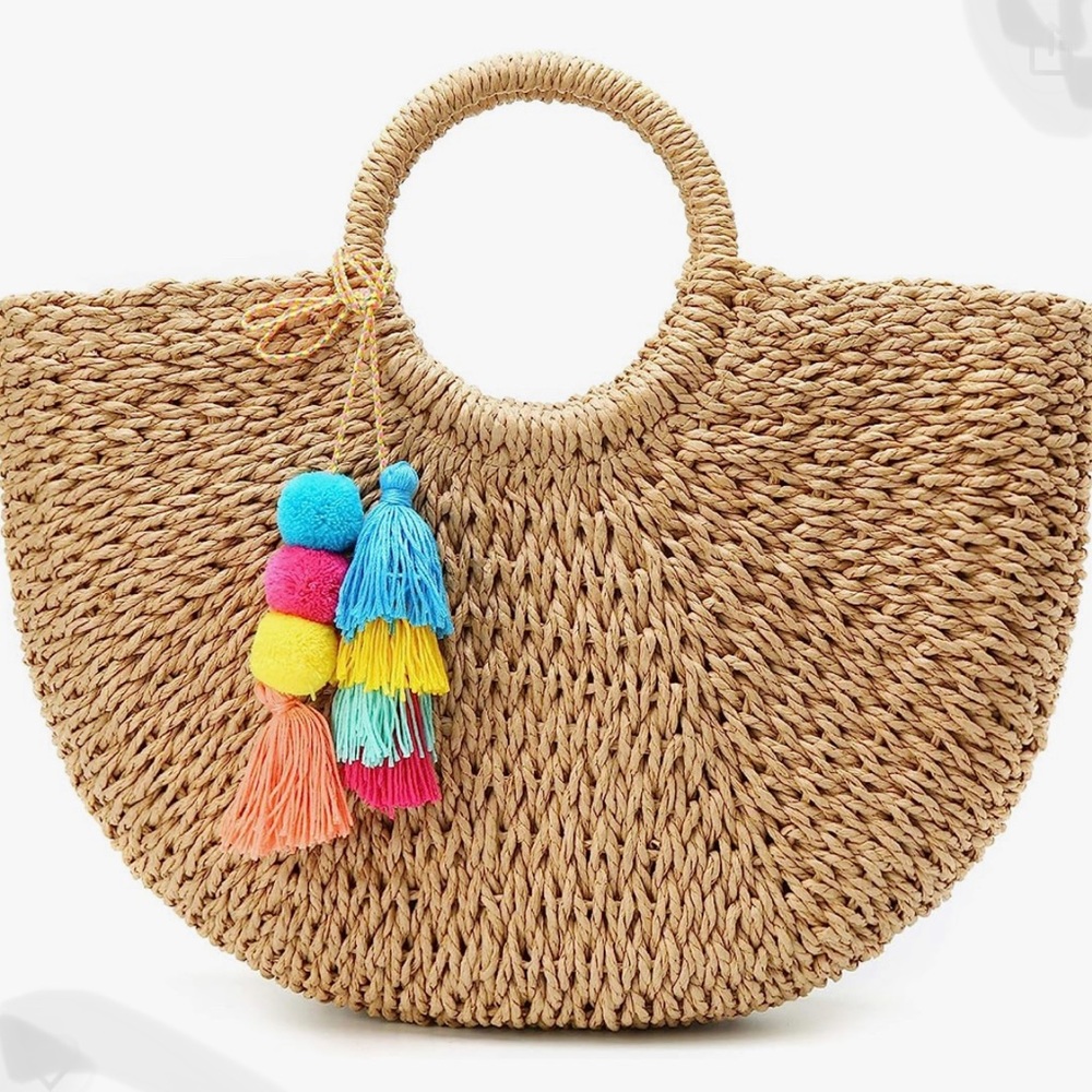 Womens Large Handwoven Straw/Tote/Hobo/Summer Bag with Pom Poms